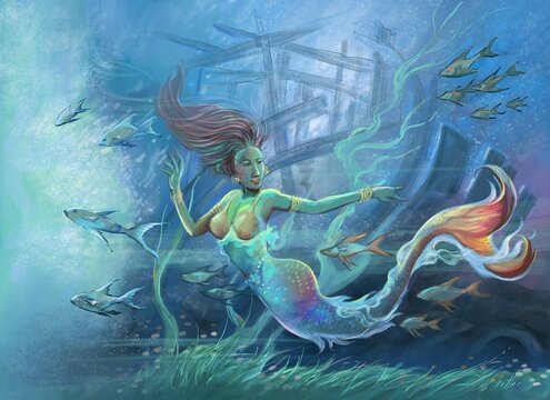 mermaids and fishes, shipwrecks in the back. illustration painting digital art style.

