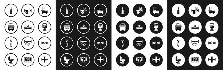 Set Bathtub, Industry pipe and manometer, Toolbox, Toilet brush, Pressure water, metallic, Broken and Wrench spanner icon. Vector