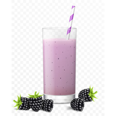 Glass of refreshing juice from ripe blackberry with berries and striped straw for cocktails, isolated on transparent background. Smoothies of blackberry. Realistic 3d vector