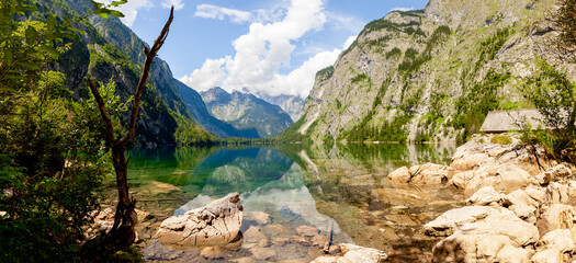 Fototapeta na wymiar Panorama lake Obersee at Lake Koenigssee, Berchtesgadener Land, Bavaria, Germany