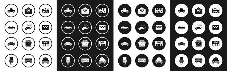 Set Location with taxi, Hand, Car, Laptop call service, Taxi driver license, Taximeter and icon. Vector