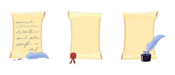 Old rolled parchment with wax seal and ink pen. Set of cartoon ancient manuscript vector illustration.