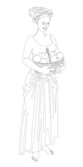 Silhouette of a beautiful girl. The lady is holding a basket of apples and oranges. Woman in modern one line style. Solid line, decor outline, posters, stickers, logo. Vector illustration.