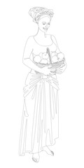 Silhouette of a beautiful girl. The lady is holding a basket of apples and oranges. Woman in modern one line style. Solid line, decor outline, posters, stickers, logo. Vector illustration.