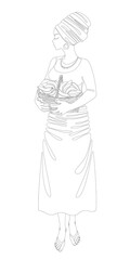 Silhouettes of a girl in a headscarf. The lady is holding a basket of bananas in her hands. Woman in modern one line style. Solid line, decor outline, posters, stickers, logo. vector illustration.