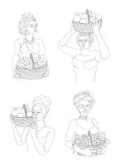 Collection. Silhouettes of a girl in a headscarf. The lady holds in her hands a basket with bananas and apples, grapes, oranges Woman in a modern one line style, contour. Vector illustration, set.