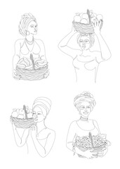 Collection. Silhouettes of a girl in a headscarf. The lady holds in her hands a basket with bananas and apples, grapes, oranges Woman in a modern one line style, contour. Vector illustration, set.