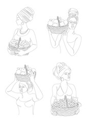 Collection. Silhouettes of a girl in a headscarf. The lady holds in her hands a basket with bananas and apples, grapes, oranges Woman in a modern one line style, contour. Vector illustration, set.