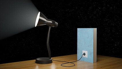 Concept of learning. A table lamp shines into the starry sky using a book as a source of energy. Education. 3d illustration.