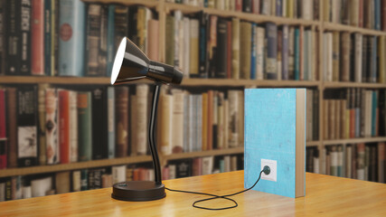 Concept of learning. A table lamp shines using a book as a source of energy in the background of the library. Education. 3d illustration.