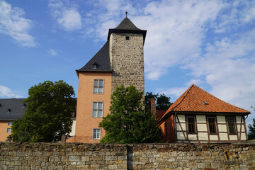 Fototapeta premium Tower of Welfenschloss castle now houses the Municipal Archives, district court and museum. Hann. Münden, Lower Saxony, Germany. 