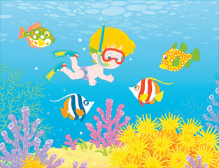 Fototapeta na wymiar Little boy with a diving mask, flippers and a snorkel diving with merry colorful fishes in blue water of a tropical coral reef on summer vacation, vector cartoon illustration