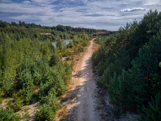 photo from a drone, path in the forest