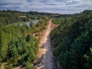 photo from a drone, path in the forest
