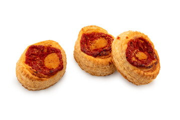 Baked puff pastry like small pizzas isolated on white, clipping path