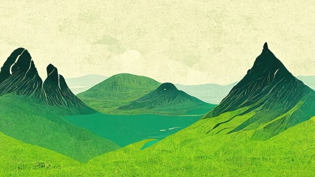 green landscape with mountains, calm nature scene, illustration