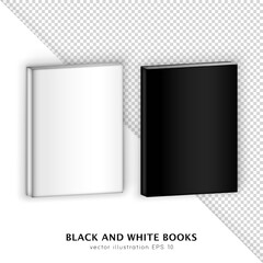 Set of two realistic white and black hardcover books isolated on transparent background. 3D Mockup of blank isometric magazine, textbook, diary, brochure,  etc. Vector layout design for branding