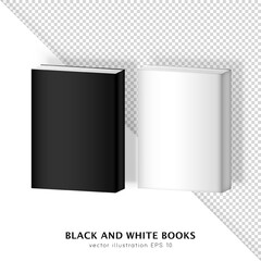 Three dimensional realistic black and white hardcover books isolated on white and transparent background. 3D Mockup (template, layout) of blank isometric magazine, textbook, brochure,  etc. 
