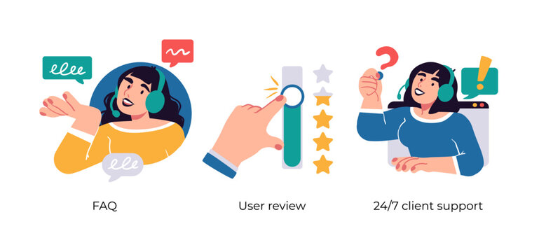 Customer support and loyalty program- abstract business concept illustrations. FAQ, User review, Client support. Visual stories collection