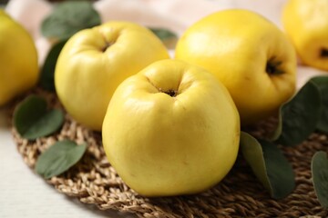 Fresh ripe organic quinces with leaves on table