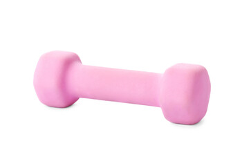 Pink dumbbell isolated on white. Weight training equipment