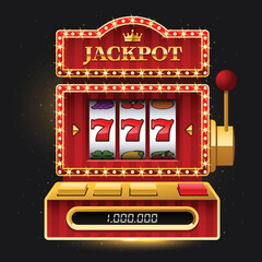 Shiny red slot machine on dark background with Jackpot sign on dark background. Win 777 jackpot. Lucky seven, big win, casino vegas game. Jackpot triple seven. Vector illustration.