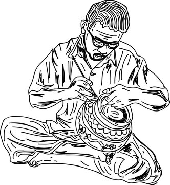 Sketch Drawing of Traditional potter artist painting a clay pot, Clay potter artist making clay pot cartoon drawing, Vector illustration of indian worker decorating design on clay pot for sale
