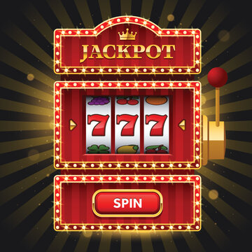 Shiny red slot machine on dark background with Jackpot sign and spin button. Win 777 jackpot. Lucky seven, big win, casino vegas game. Jackpot triple seven. Vector illustration.