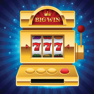 Golden slot machine on blue shiny background with Big Win sign. Win 777 jackpot. Lucky seven, big win, casino vegas game. Jackpot triple seven. Vector illustration.