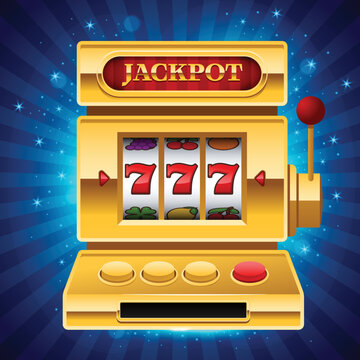Golden slot machine with Jackpot sign on shiny blue background. Win 777 jackpot. Lucky seven, big win, casino vegas game. Jackpot triple seven. Vector illustration.