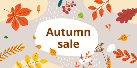 Autumn sale leaves banner. September sales, fall holidays offers advertising backdrop. Seasonal decor with yellow foliage, classy retail discount vector poster