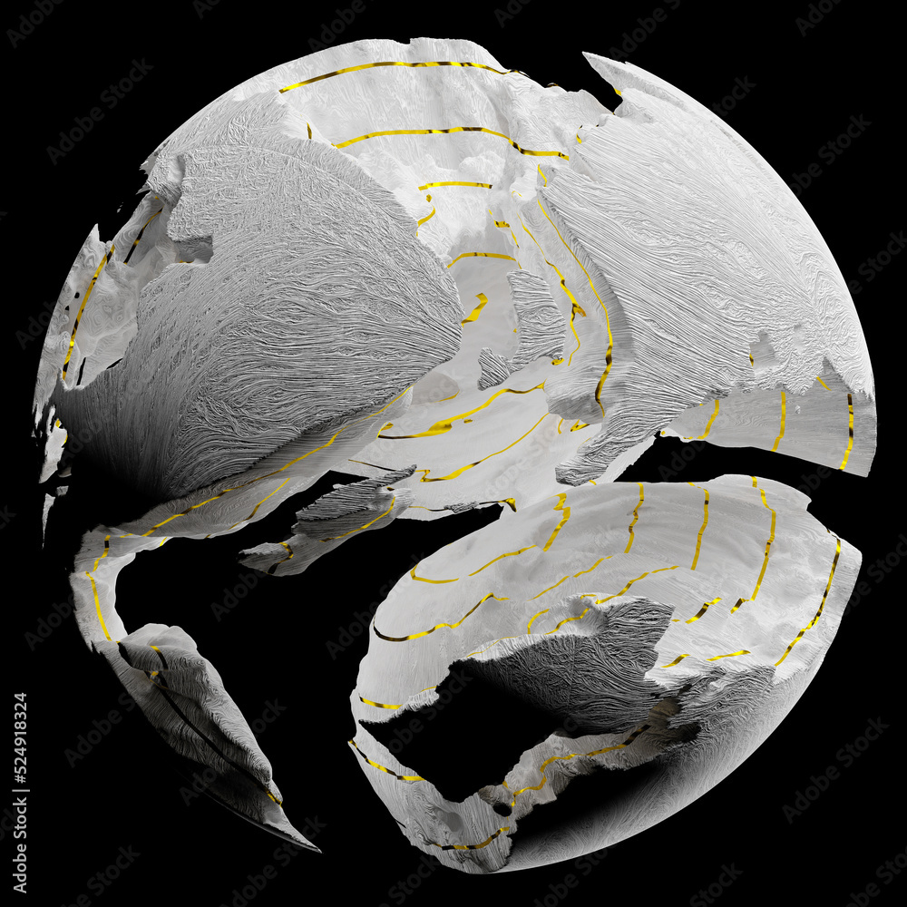 Sticker 3d render of abstract art damaged 3d ball planet earth , moon or asteroid in spherical shape with bi