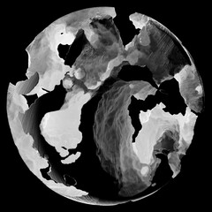 3d render of abstract art black and white damaged 3d ball planet earth , moon or asteroid in spherical shape with big crack in organic rough shape on surface on isolated black background