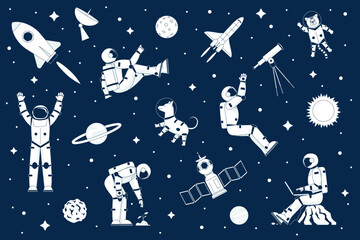 Space explorer set. Dog and spaceship, astronauts and rockets. Travel shuttle, planets and satellite in universe. Future adventures recent vector objects and characters © LadadikArt