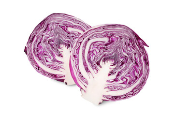 Obraz premium Halves of fresh ripe red cabbage on white background