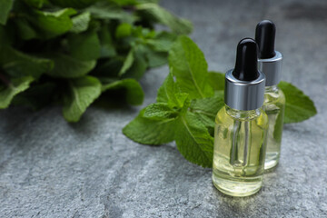 Bottles of essential oil and mint on grey table, closeup. Space for text