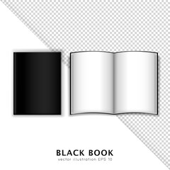 Realistic 3D black matte closed and opened book with white sheets. Template of notebook,, textbook, magazine, diary with blank pages and place for text. Mock up, layout design with copy space