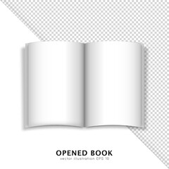 Mockup of opened book with white paper sheets. 3d template of notebook, copybook, magazine, album, journal white empty pages for text. Realistic layout design with copy space