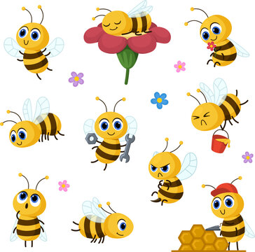 Cute cartoon bee. Honey and bees child characters serie. Honeybee funny working, happy awesome mascot insect flying and dream with flower, garish vector animal