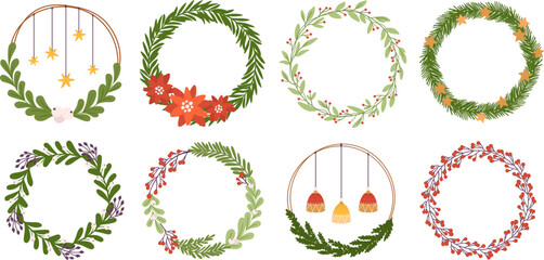 Christmas wreath fir tree branches and berries. Round evergreen party decor, xmas advent and new year festive home decorations. Winter retro racy vector graphic