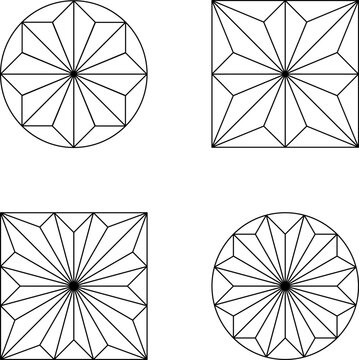 Set of four vector rosettes in line style. Geometric rosaces composed of triangles. Architectural decorations enclosed in the shape of a circle or square.