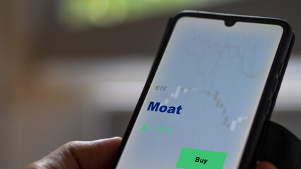 An investor's analyzing the moat etf fund on screen. A phone shows the ETF's prices moat to invest