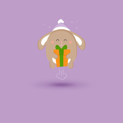 jouful bunny in a hat with a gift, 2023,new year
