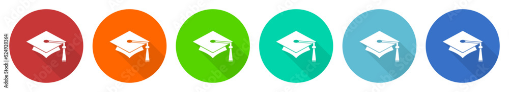 Poster education icon set, graduation flat design vector illustration in 6 colors options for webdesign and