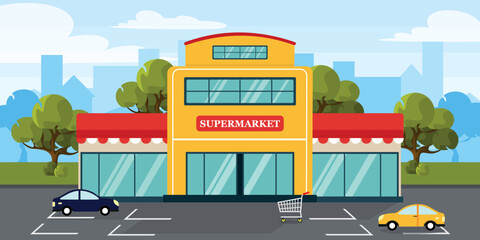 Vector illustration of a beautiful supermarket. Cartoon urban buildings with parked cars, carts, trees and a city in the background. - obrazy, fototapety, plakaty