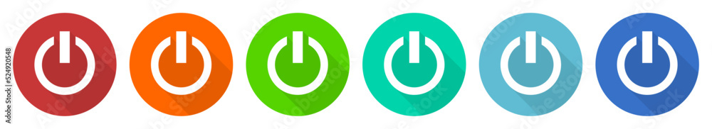 Fototapete Power button icon set, flat design vector illustration in 6 colors options for webdesign and mobile applications