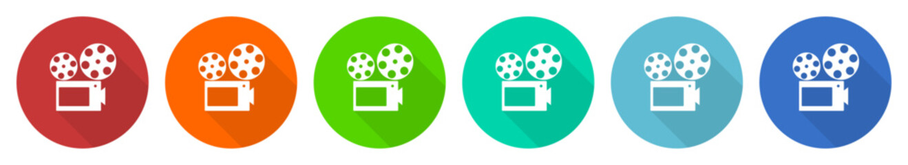 Video icon set, camera, cinema flat design vector illustration in 6 colors options for webdesign and mobile applications