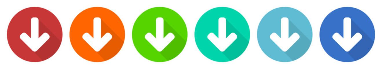 Download icon set, arrow down flat design vector illustration in 6 colors options for webdesign and mobile applications