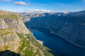 Naklejka na ściany i meble Aerial summer beautiful view of Trolltunga, Norway