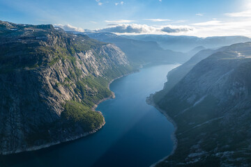 Aerial summer beautiful view of Trolltunga, Norway